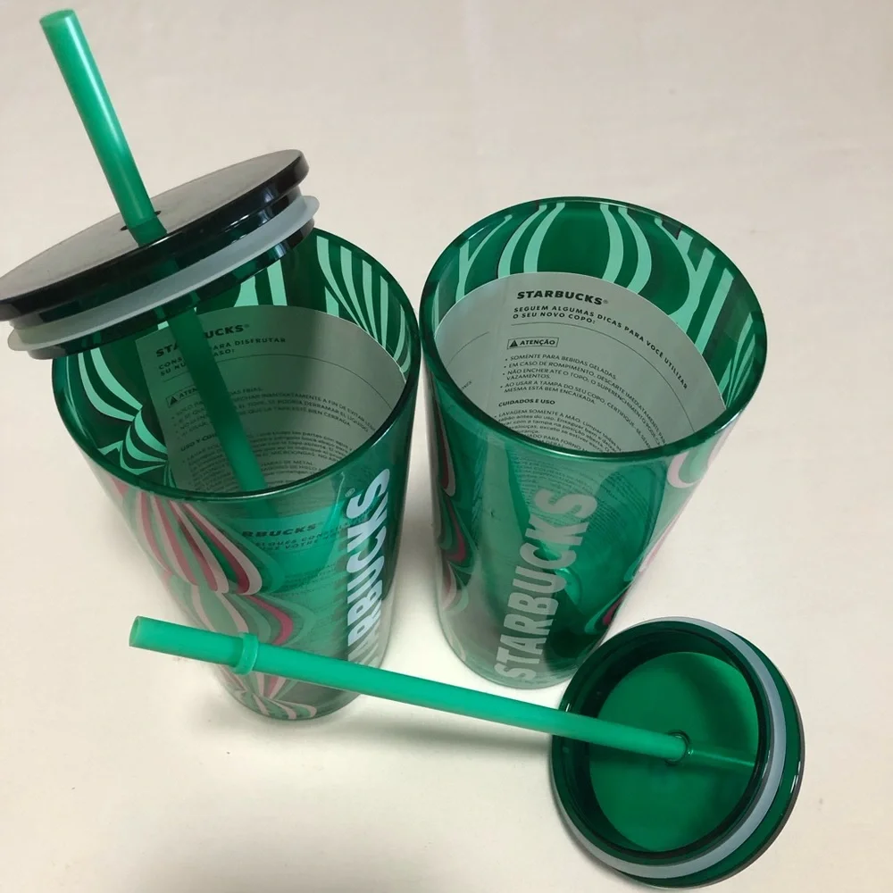 Starbucks (2) NEW Green and Pink Patterned Stripe‎ Ornaments Tumblers.Size 18oz.